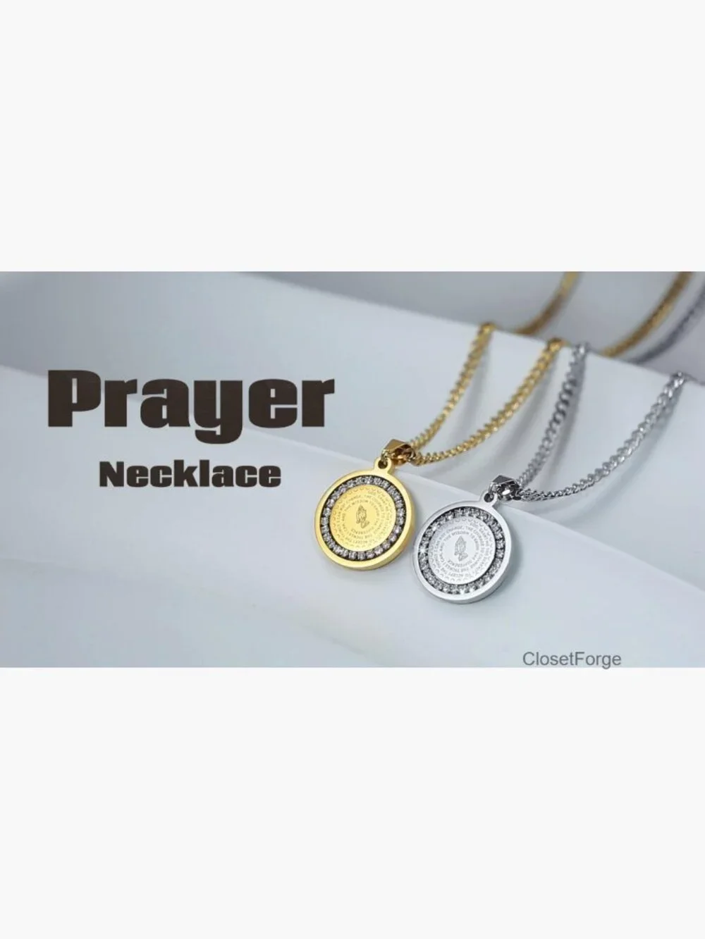 Prayer Necklace Christian Jewelry Stainless Steel Praying Hands Coin Pendant